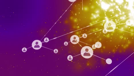 Animation-of-network-of-connections-of-email-icons-on-purple-and-yellow-background