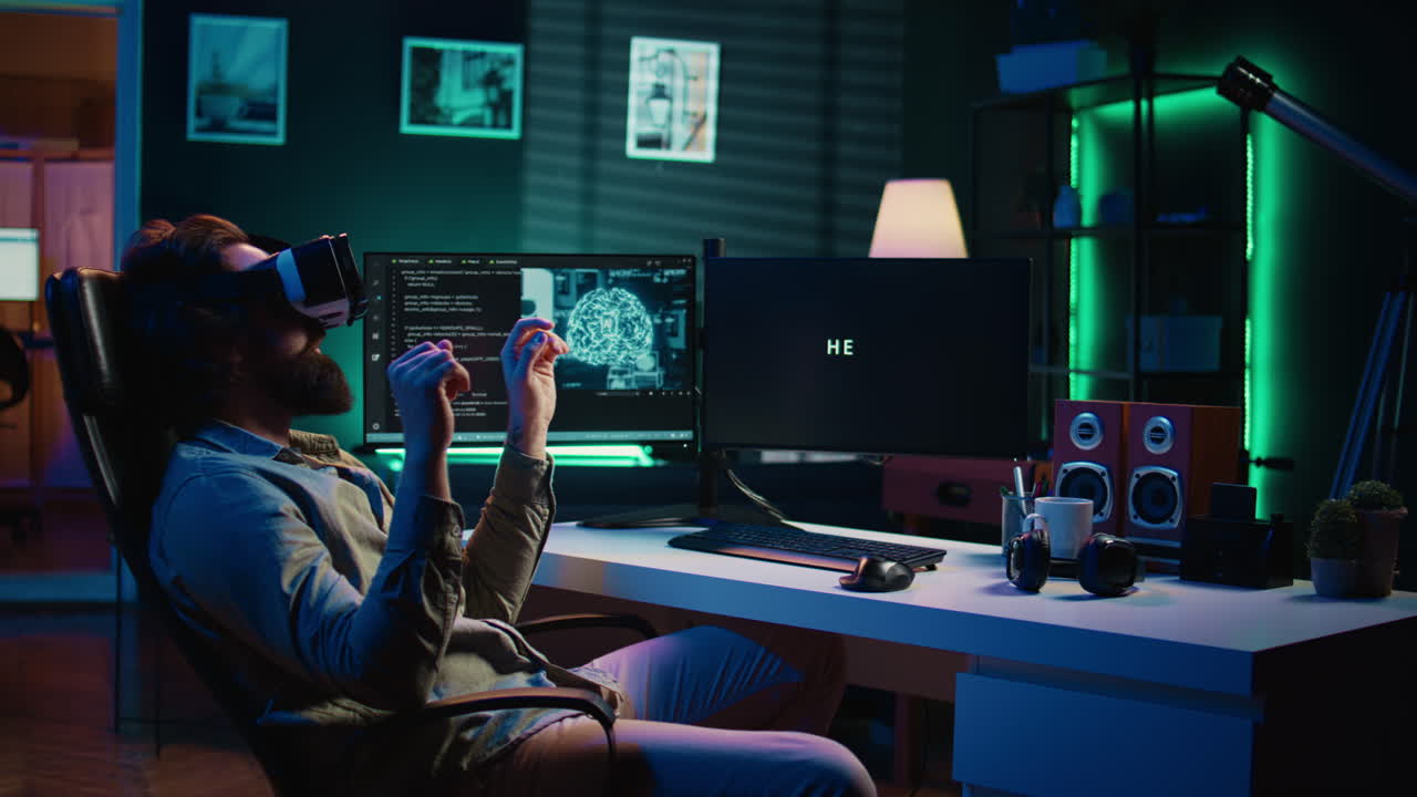 Man using VR headset to do programming scared after AI becoming sentient