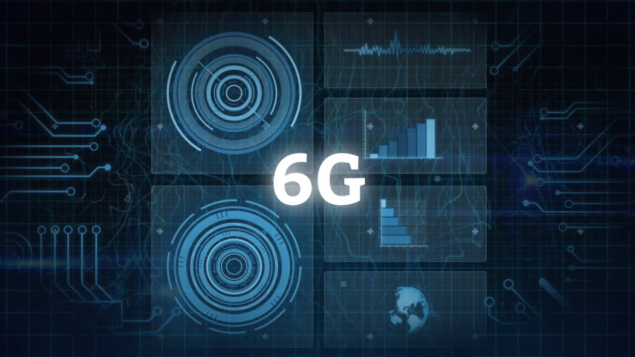 Animation of 6g text, graphs, loading circles and circuit board pattern over black background