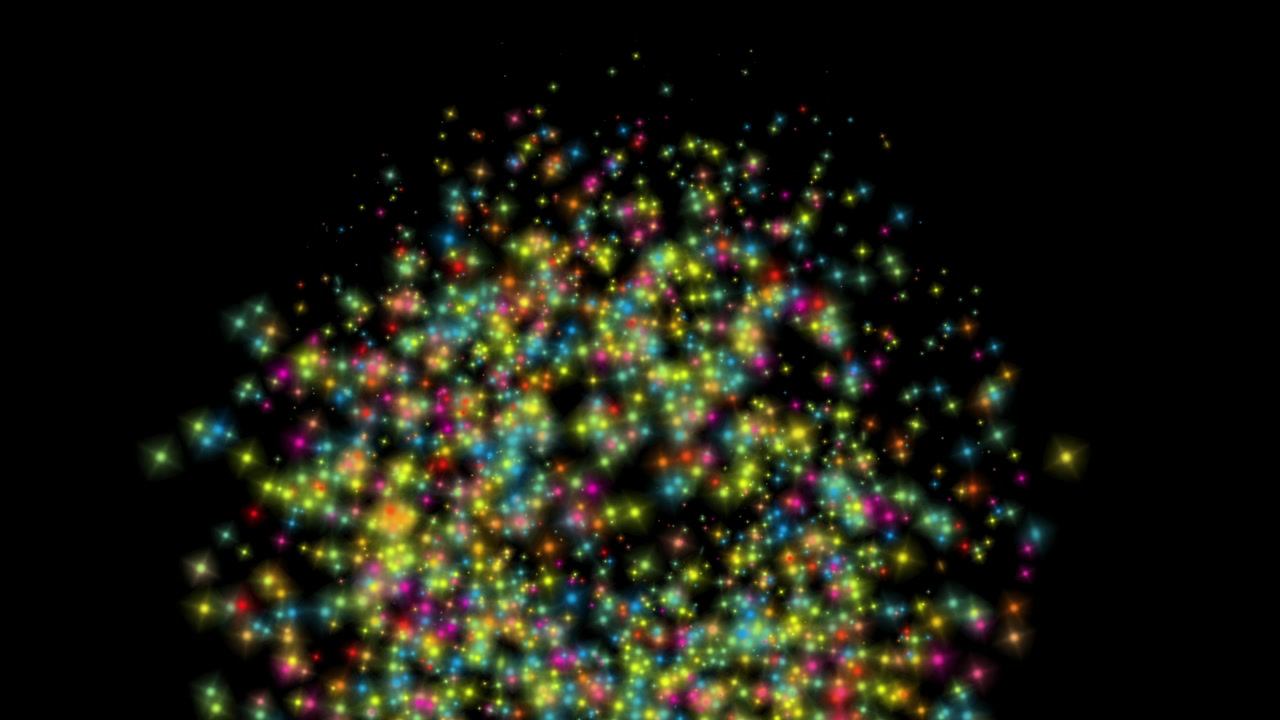 Farverige stjerner, der falder som snefnug og klæber sig fast på en gennemsigtig overflade, 3D-animation.