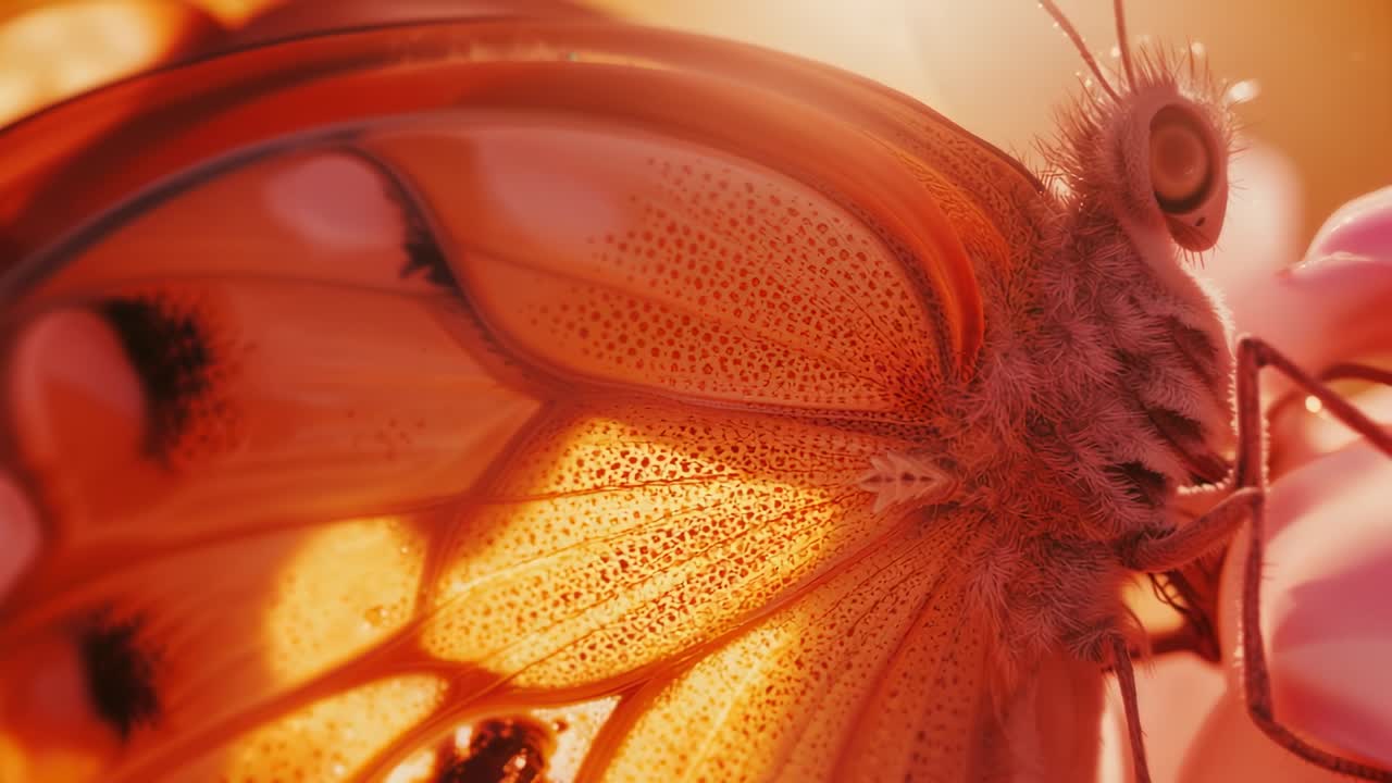 Sunlight illuminating butterfly wing, leading to it gripping pink garden blossom and drawing nectar