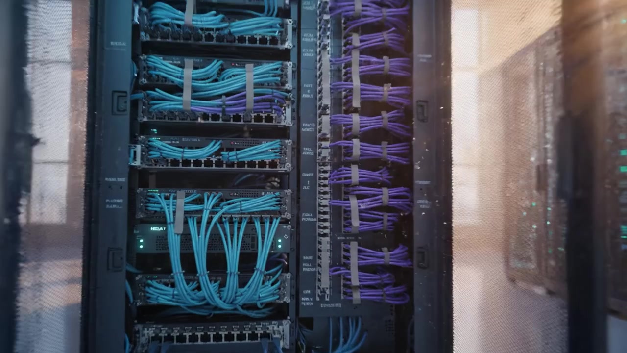 A Stunning Data Center Interior Spotlighted by Sunlight, Showcasing Rows of Servers and Intricate Networking Cables in a Modern, High-Tech Environment