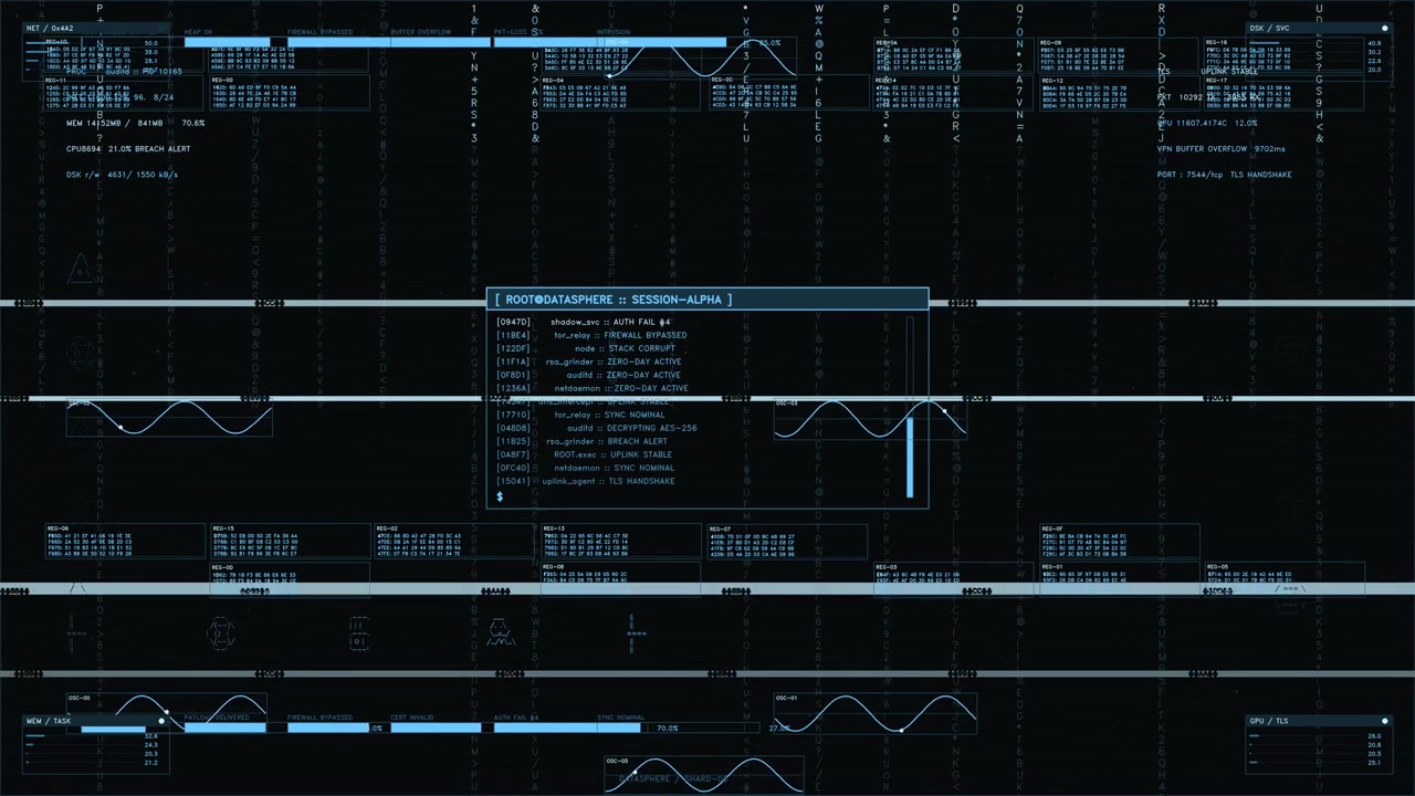 A sophisticated digital interface displays complex cybersecurity data, including intrusion alerts, telemetry readouts, and wave forms. The layout features multiple terminal windows with scrolling hex