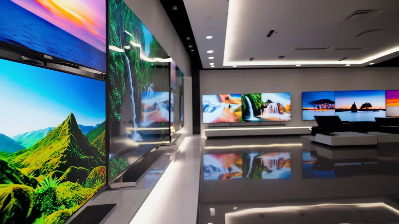 Televisions with Waterfall Images Displayed in Store