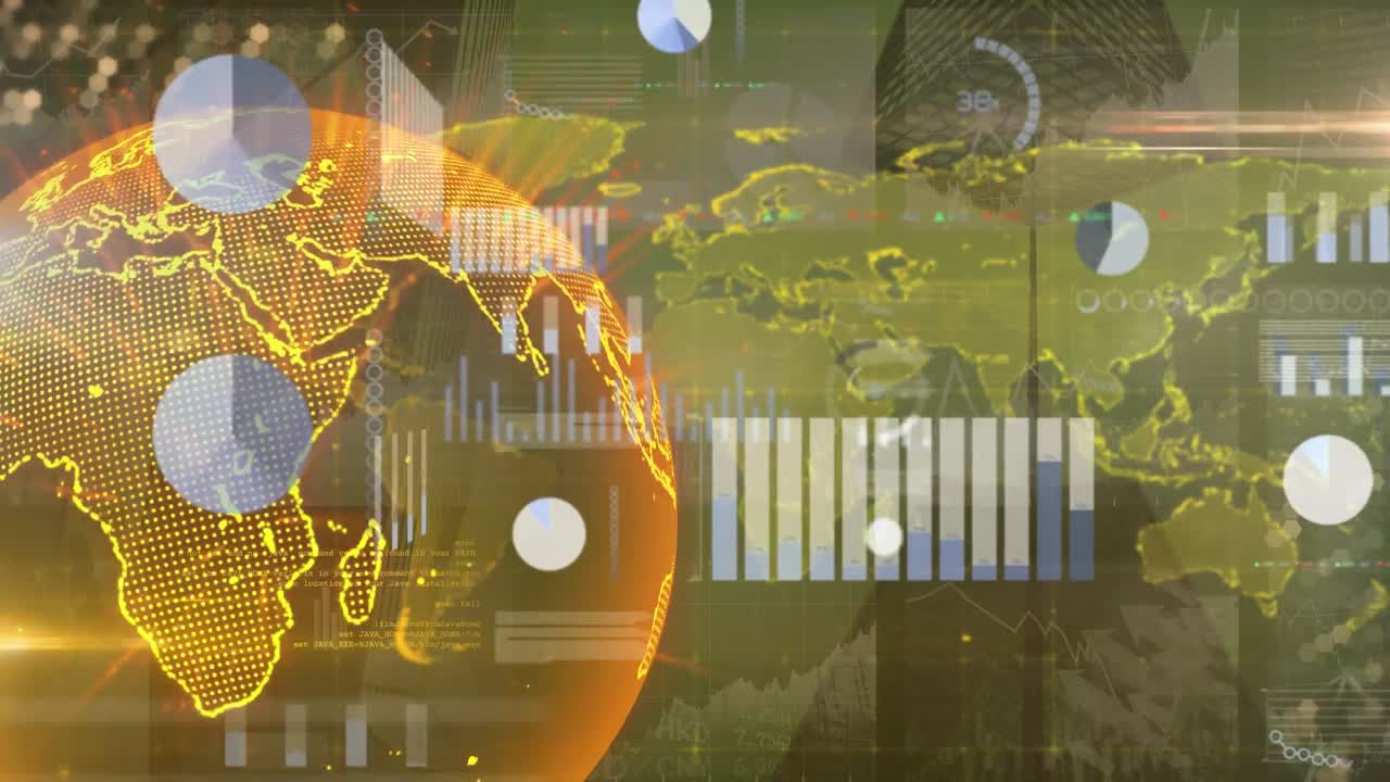 анимация земного шара и карты мира с обработкой данных над городским пейзажем