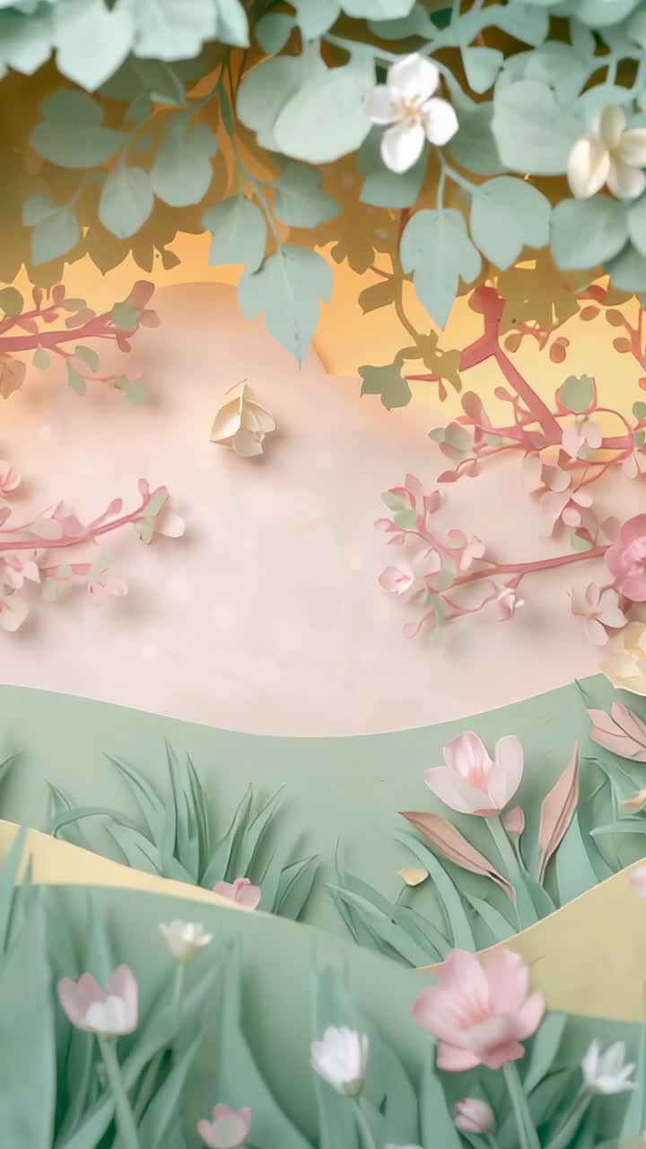 Vertical video: Emerging origami butterfly drifting in paper garden, making hills and flowers sway