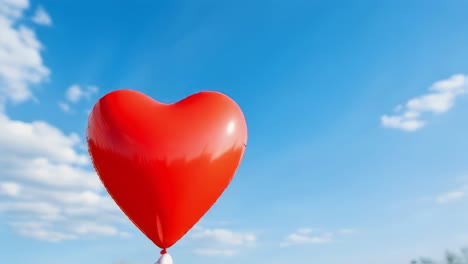 red heart shaped balloon floating gracefully in a bright blue sky, surrounded by sparse white clouds, symbolizing love, celebration, and the joy of romance in special moments