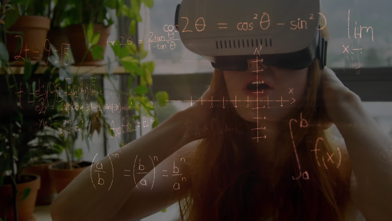 animación de dibujos matemáticos y ecuaciones sobre mujer usando auriculares vr