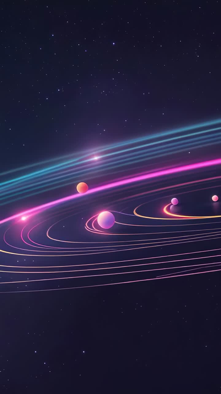 Vertical video: At start glowing pastel spheres orbiting neon rings in space, forming spiral