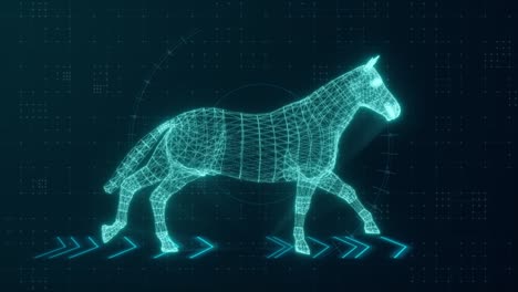 concepto tecnológico. correr de un caballo en el fondo de la tecnología. color azul. animación 3d de un bucle sin costuras