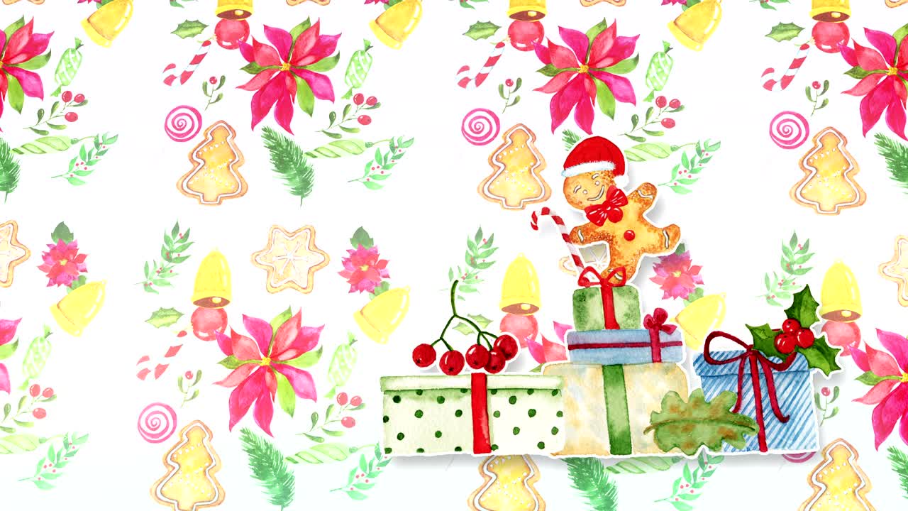 fondo abstracto con cajas de regalos de navidad de acuarela dibujadas a mano. secuencia de bucle sin costuras de 4k.