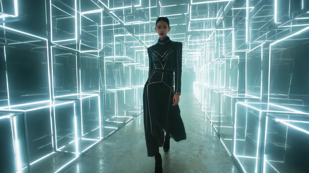 A striking model walks confidently through a futuristic, illuminated corridor of glowing cubes in a mesmerizing visual display, showcasing innovative fashion design and captivating lighting effects