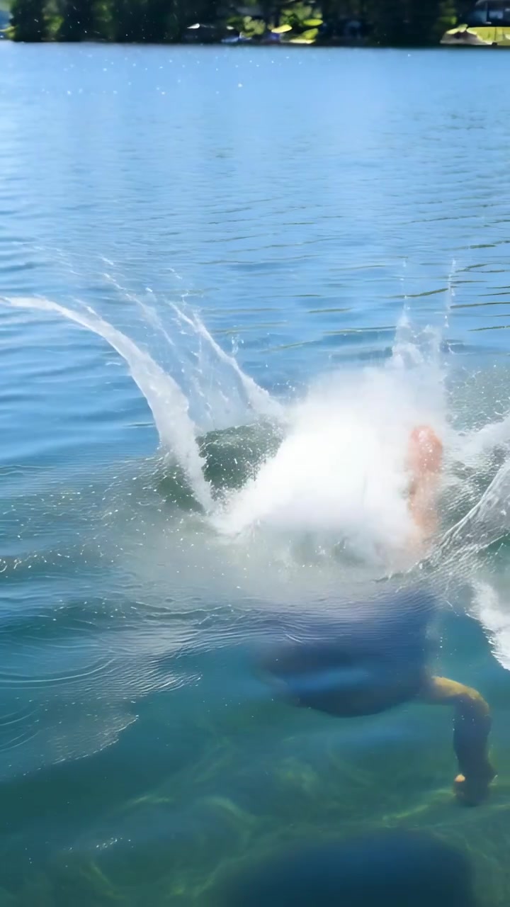 Video verticale: Uomo adulto che salta nel lago con i piedi in avanti, creando uno schizzo, un anello di schiuma, in costume da bagno.