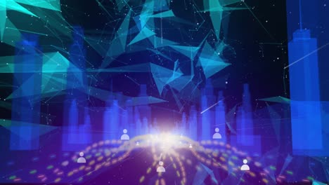 iconos de perfiles múltiples sobre el modelo de ciudad 3d contra las redes plexus
