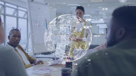 animation of data processing with globe over diverse business people at meeting in office