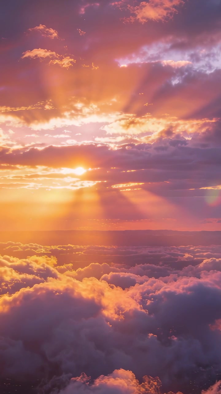 Video vertical: Sol que se ilumina cerca del horizonte proyectando rayos sobre las nubes al amanecer, destello de lente
