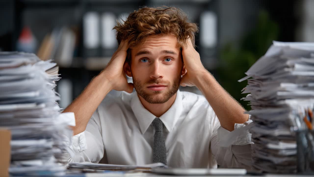 A Frustrated Young Professional Struggles with an Overwhelming Paperwork Mountain, Depicting Stress and Exhaustion in a Typical Office Environment