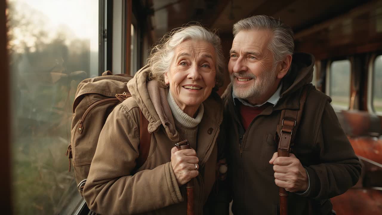Standing seniors smiling and leaning in on moving train, holding packs, sticks, on trip, in coats