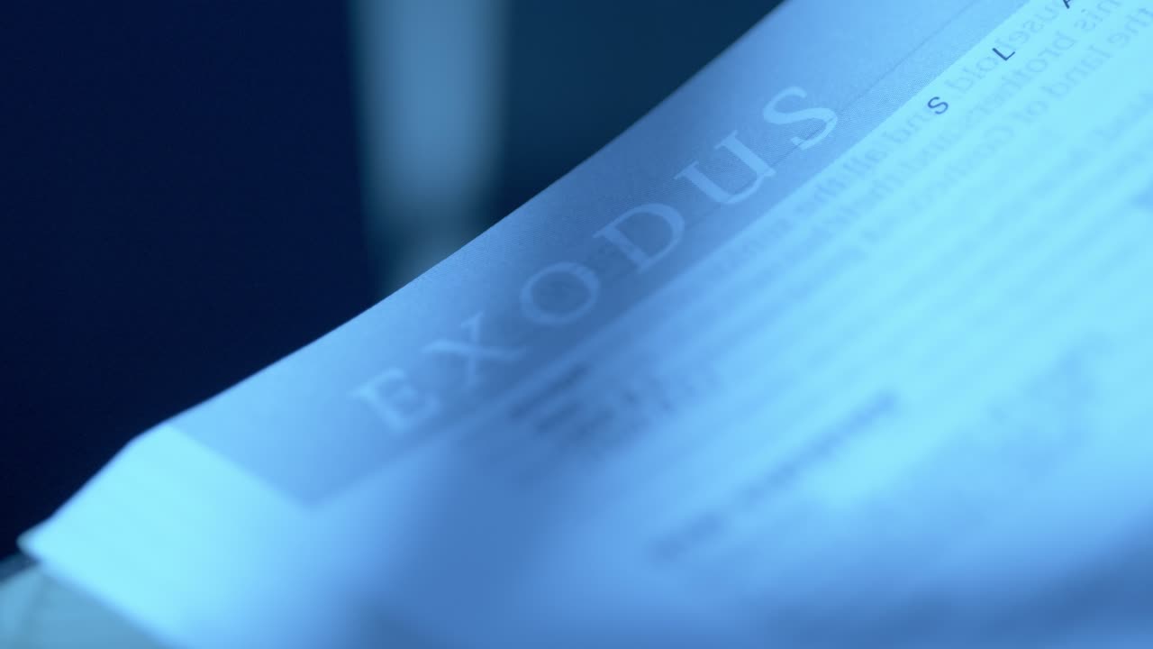Detailed close-up of a Bible page displaying the Book of Exodus under soft blue lighting. The focus highlights text clarity, perfect for religious or scholarly themes. Static shot