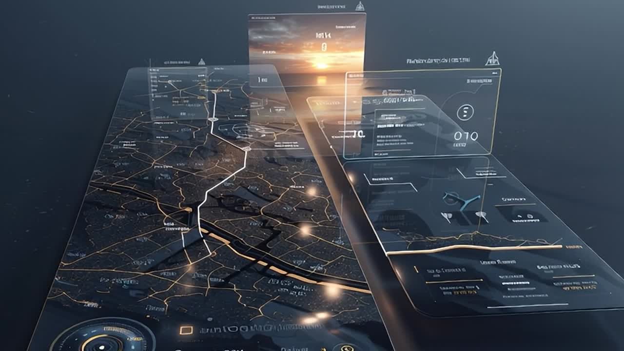 Futuristic digital map interface displaying real-time information updates