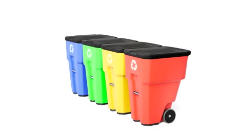 four colorful plastic garbage bins with recycling logo. isolated on white background. rotation 360 degree.