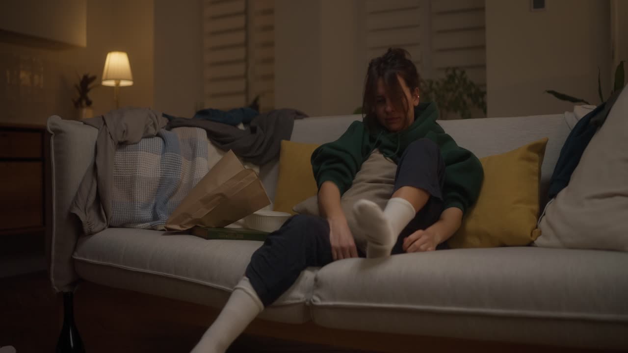 밤에 소파에서 휴식을 취하는 여자