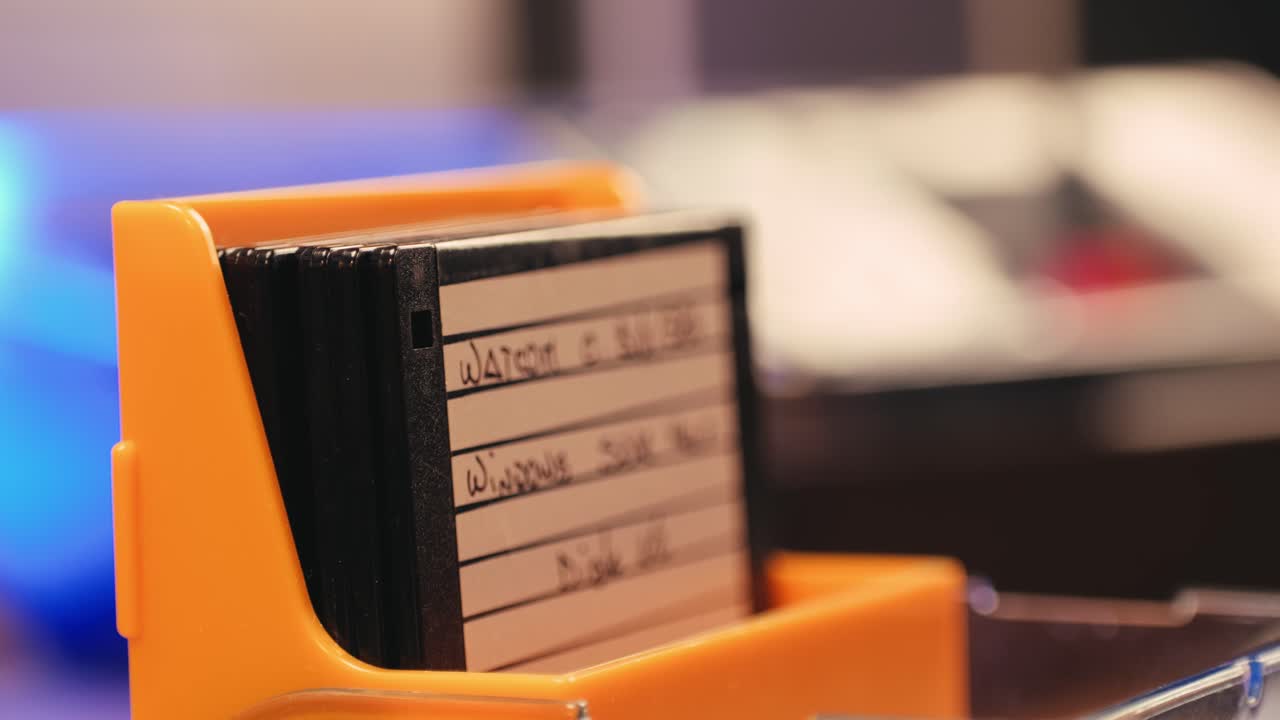 Using diskette for old computer. Music recorder, playing retro computer games. Vintage device for office, obsolete technology. . High quality 4k footage