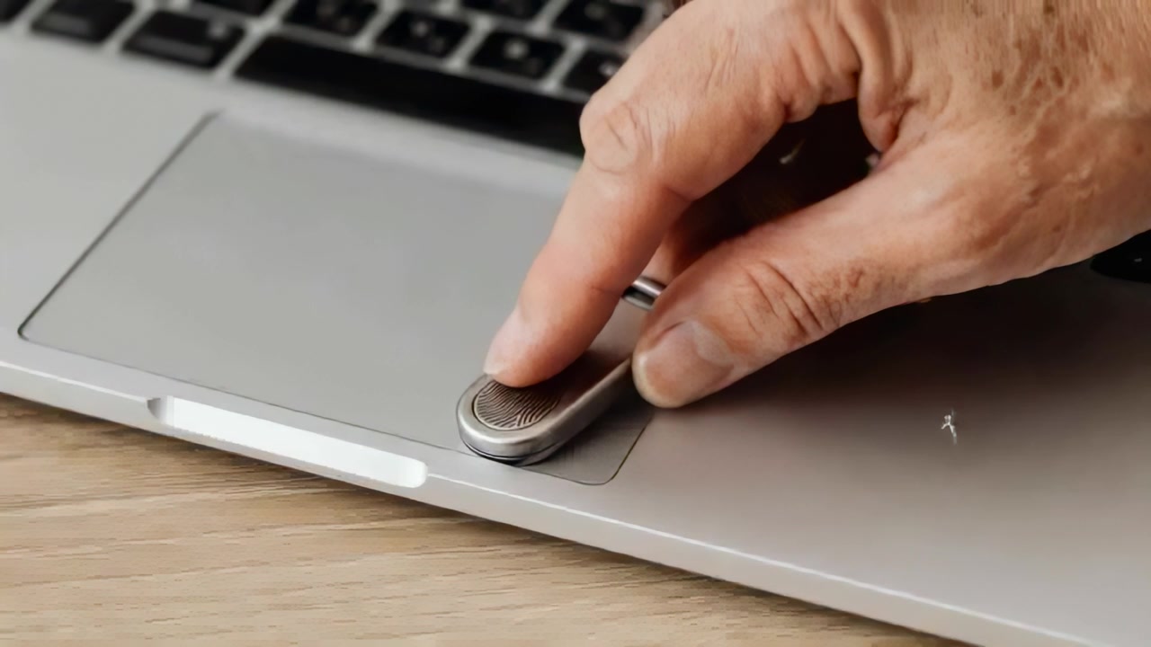 En hånd kommer inn i bildet og plasserer en mønstret nøkkelbrikke på et sølvfarget laptop-underlag på et trebord, og låser opp den bærbare PC-en.