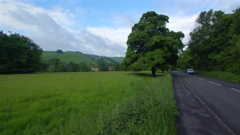 lush green countryside with road and hills