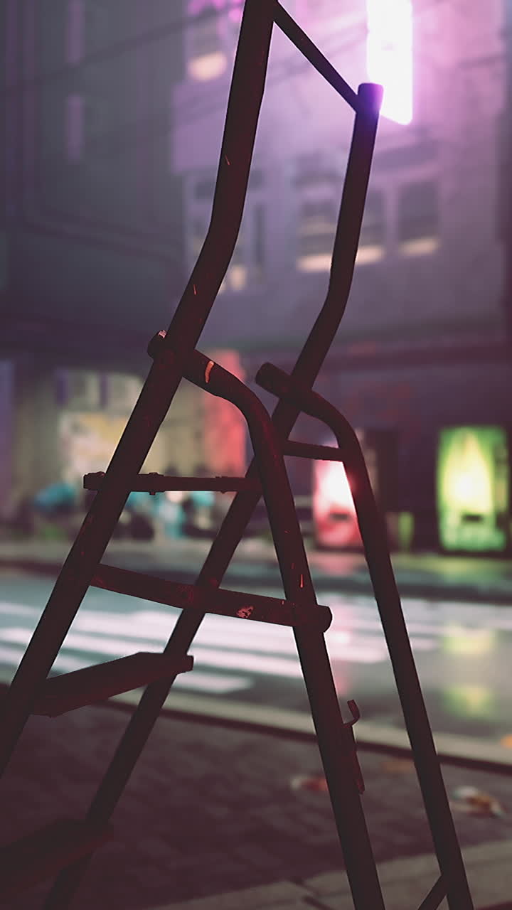 una escalera de metal negra se apoya contra un edificio en una ciudad por la noche