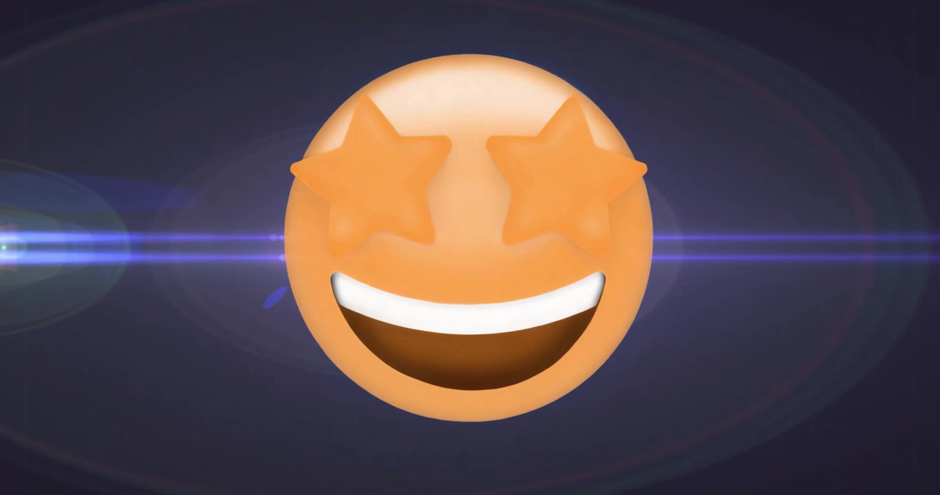 Starting on black background, 3D star-eyed emoji fading and pulsing in sync with moving blue flares