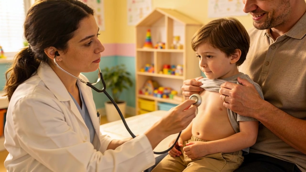 Medico che ascolta il cuore di un bambino con lo stetoscopio sul petto, mentre il padre gli solleva la maglietta in clinica.