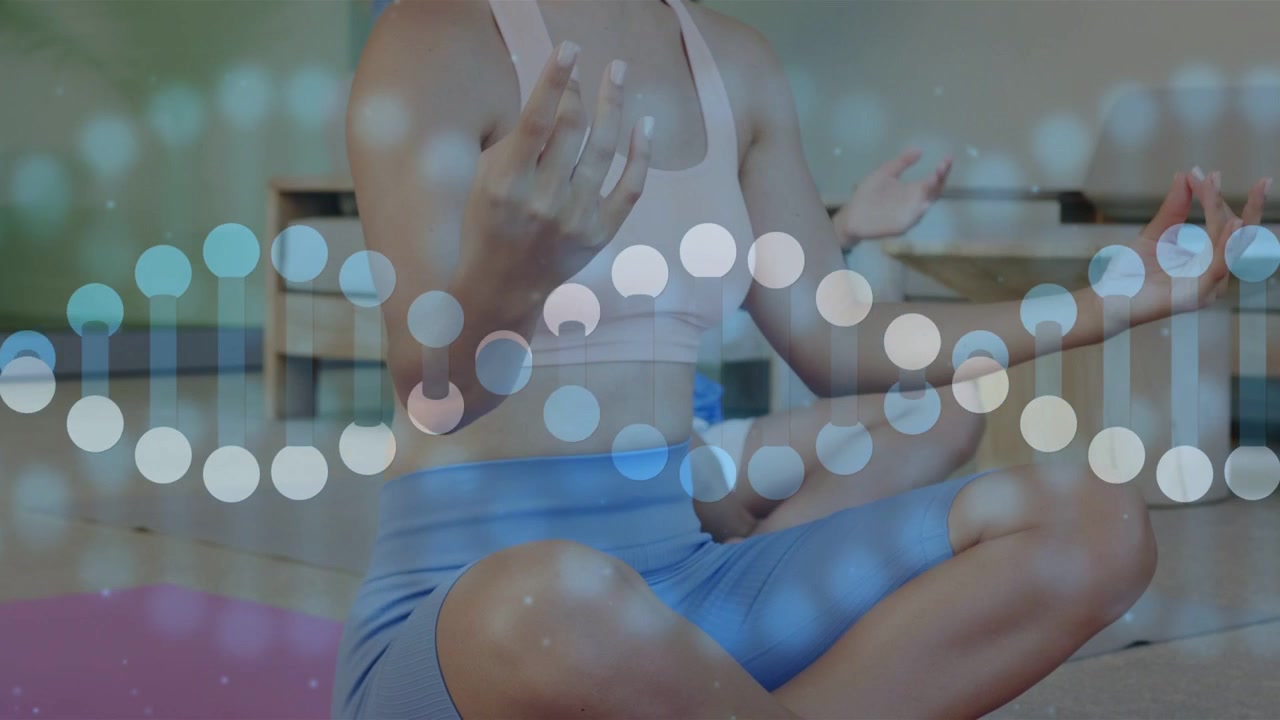 Woman following meditation cue, raising hands into mudra on purple mat, bokeh moving across torso