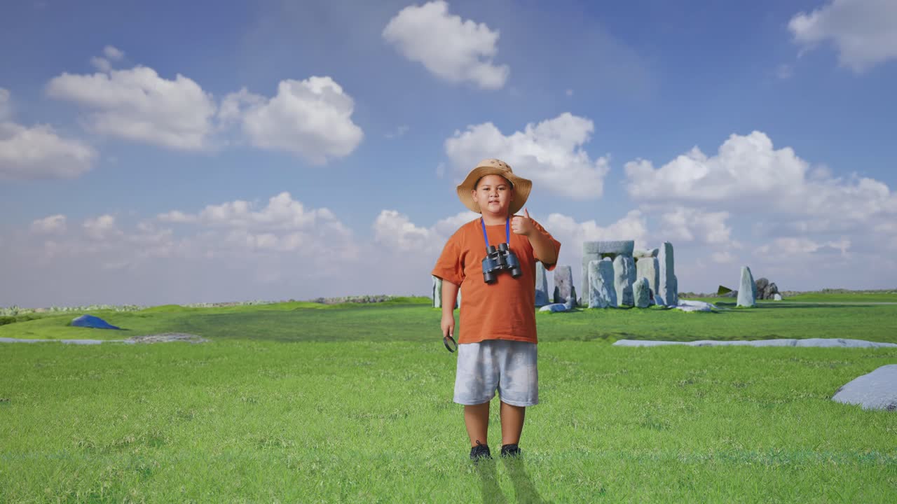 Asian Boy With A Hat And Binoculars Showing Magnifying Glass And Thumbs Up Gesture To Camera. Boy Researcher Examines Something While Traveling In Stonehenge, Travel Adventure, Full Body