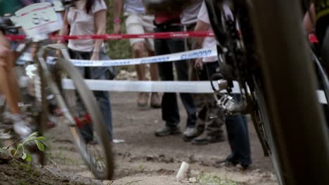 bicyclists race as a crowd watches