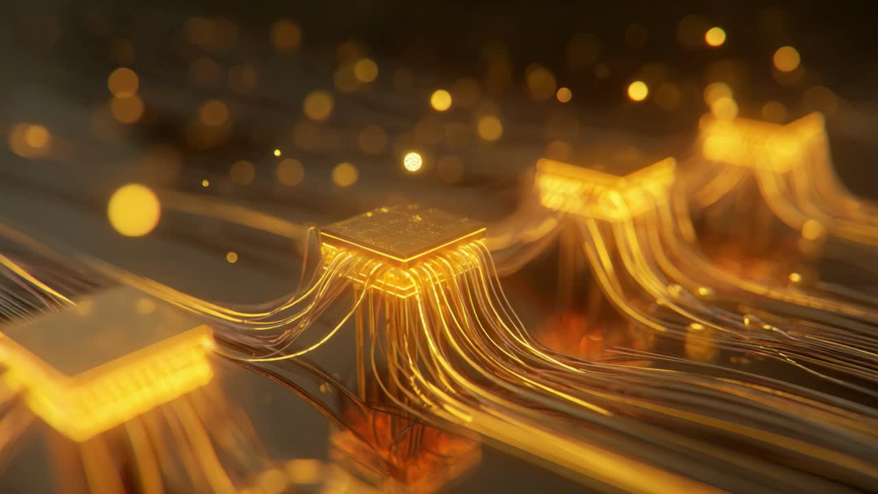 Luminous central computer processors transmitting streams of digital data through a network of glowing fiber optic cables on a circuit board, representing advanced technology and supercomputing