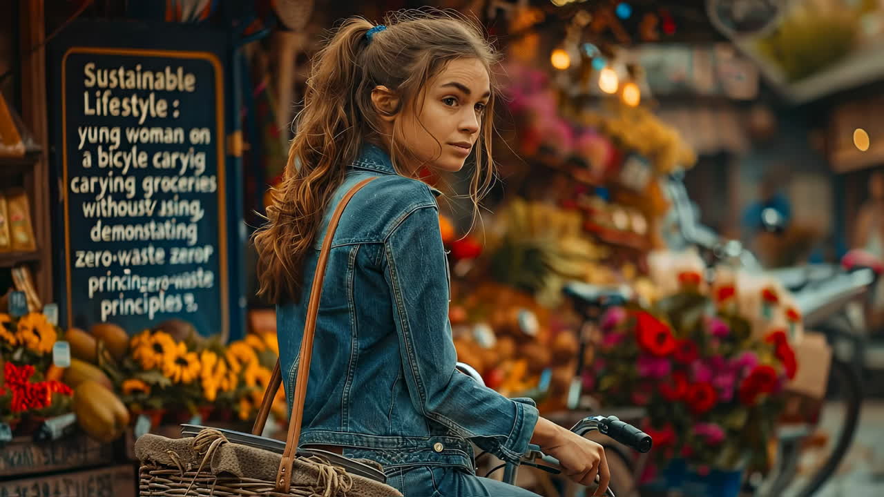 Woman cycles by flower shop. A young woman on a bicycle stops to admire colorful flowers at a bustling market during a sunny afternoon