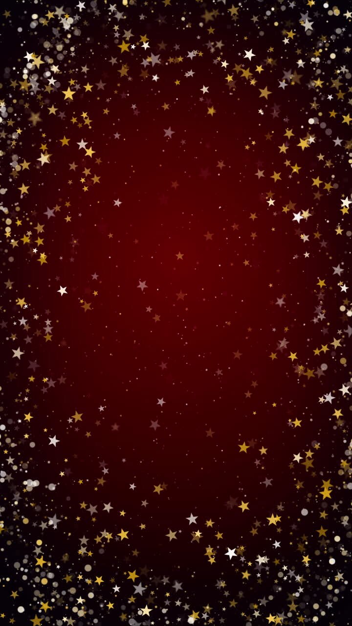 Christmas golden glittering stars confetti frame for winter holidays animation. Loop red background. Copy space. Vertical video.
