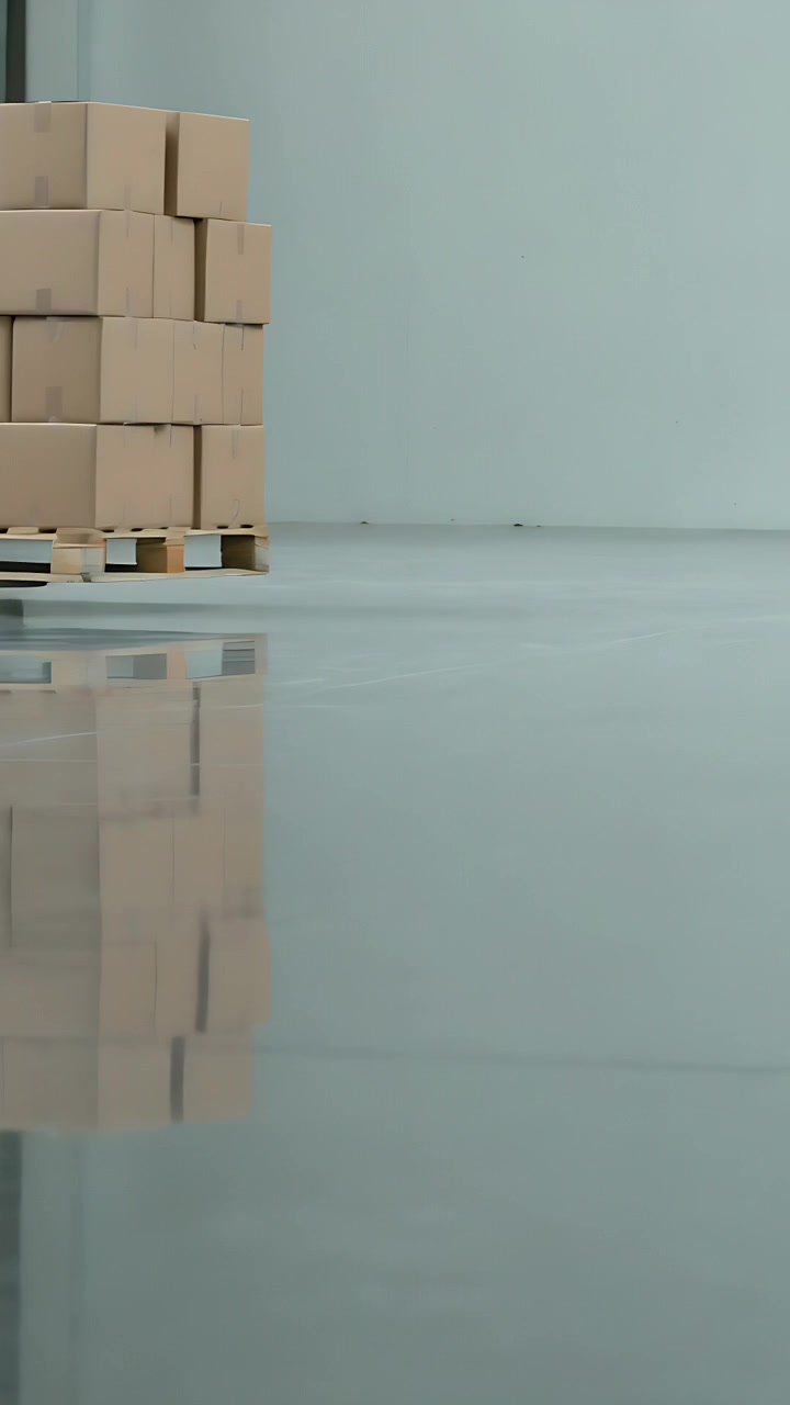 Vertical video: Moving camera revealing boxes on pallet in warehouse to show reflection, copy space