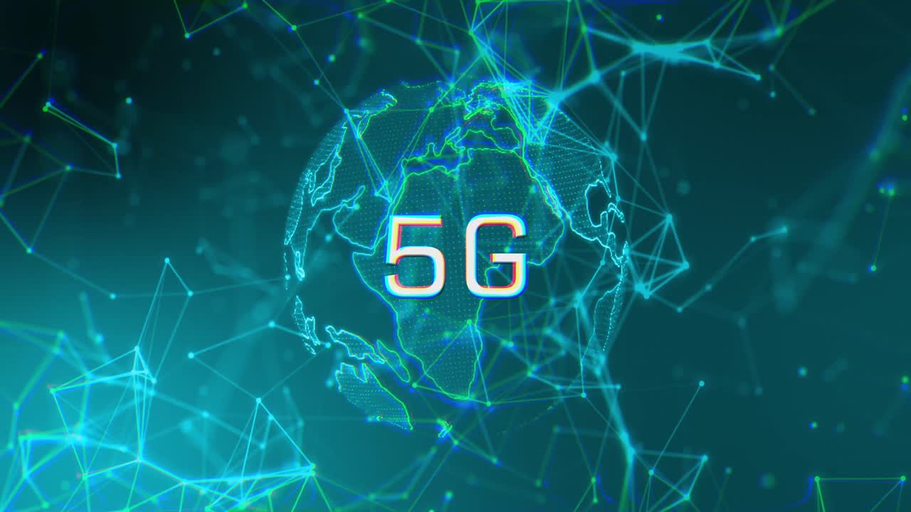 animación de globo giratorio, conexiones y 5g sobre fondo azul