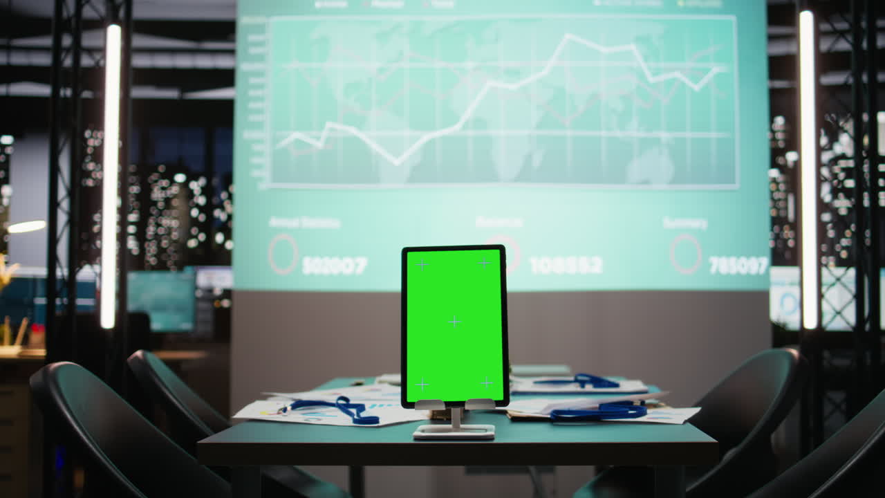 Empty business workspace with a digital chroma key screen on tablet