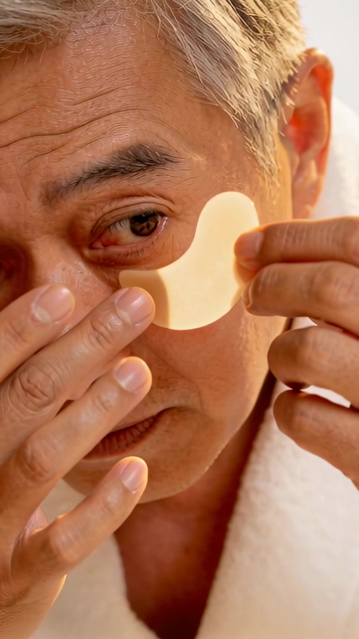 Vertical video: Holding hydrogel patch close, Asian man aligning under eye for care at home in robe