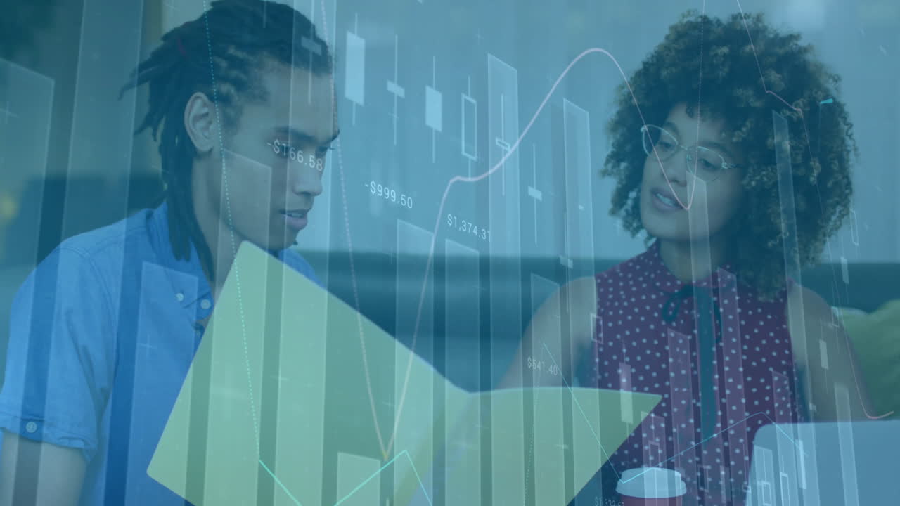 Financial data charts animation over two people discussing documents in office