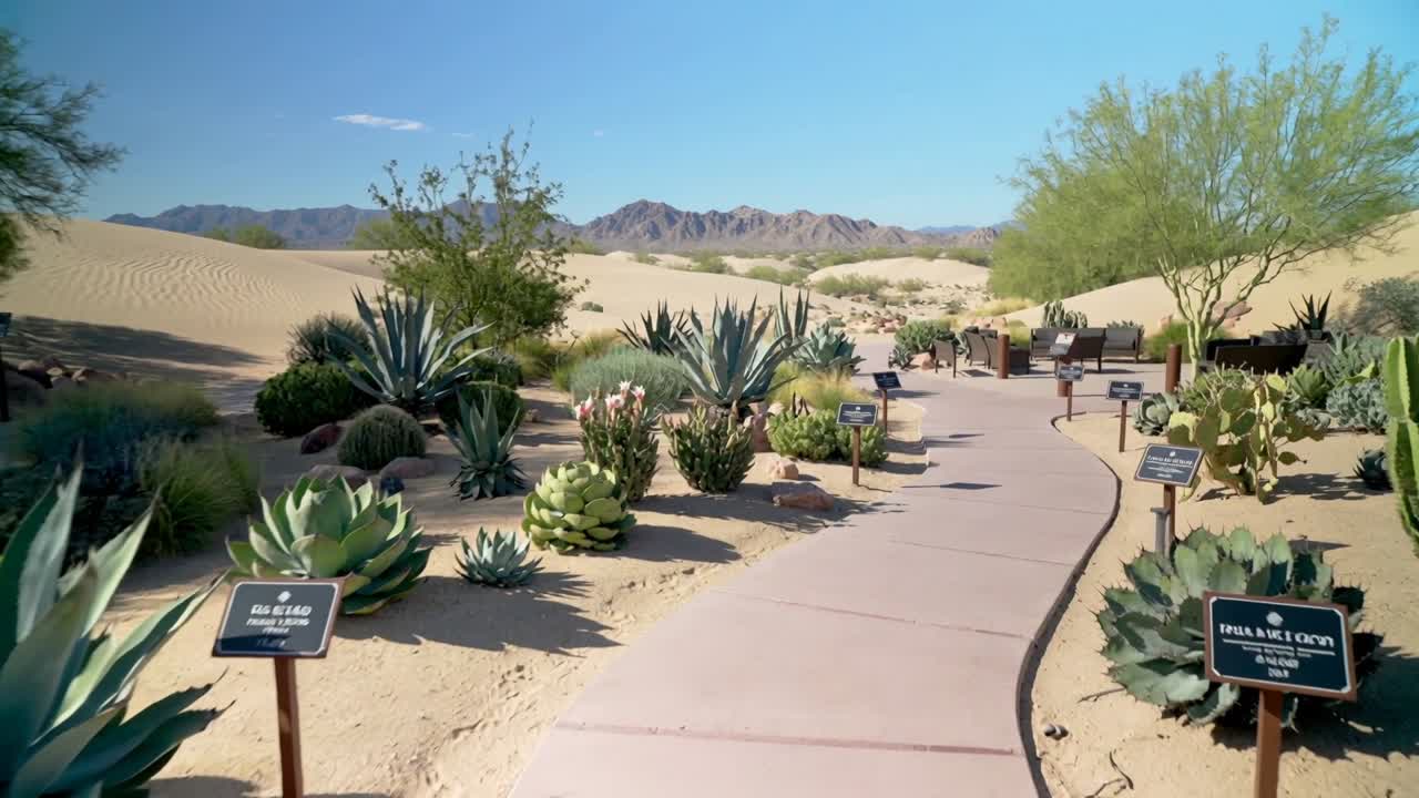 Telecamera che avanza lungo un sentiero pavimentato in un giardino desertico, rivelando agavi, cartelli e panchine.