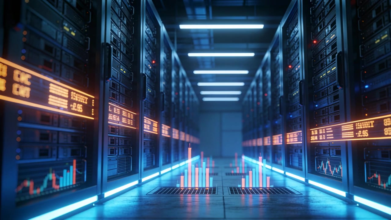 Visualizzazione di un corridoio di server, barre 3D che si sollevano dalle griglie del pavimento, aggiornamenti dati che guidano i ticker arancioni