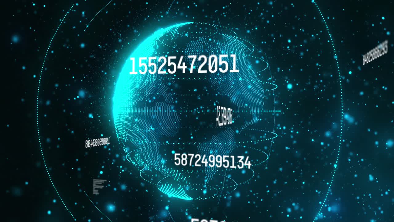 Animation of numbers and connections and globe on black background