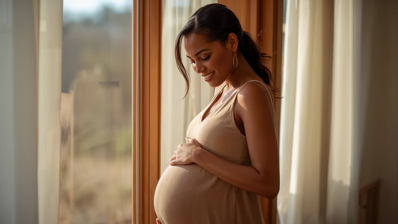 Immagine di una donna incinta che si accarezza il ventre accanto alla finestra, indossa un abito color tan senza maniche e orecchini a cerchio, spazio per il testo