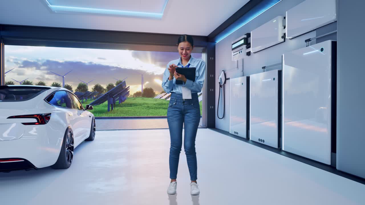 Full Body Of Asian Female With Her Tablet With Home Energy Storage System In a Modern Garage, Typing On Her Tablet'S Keybaord With Meditation