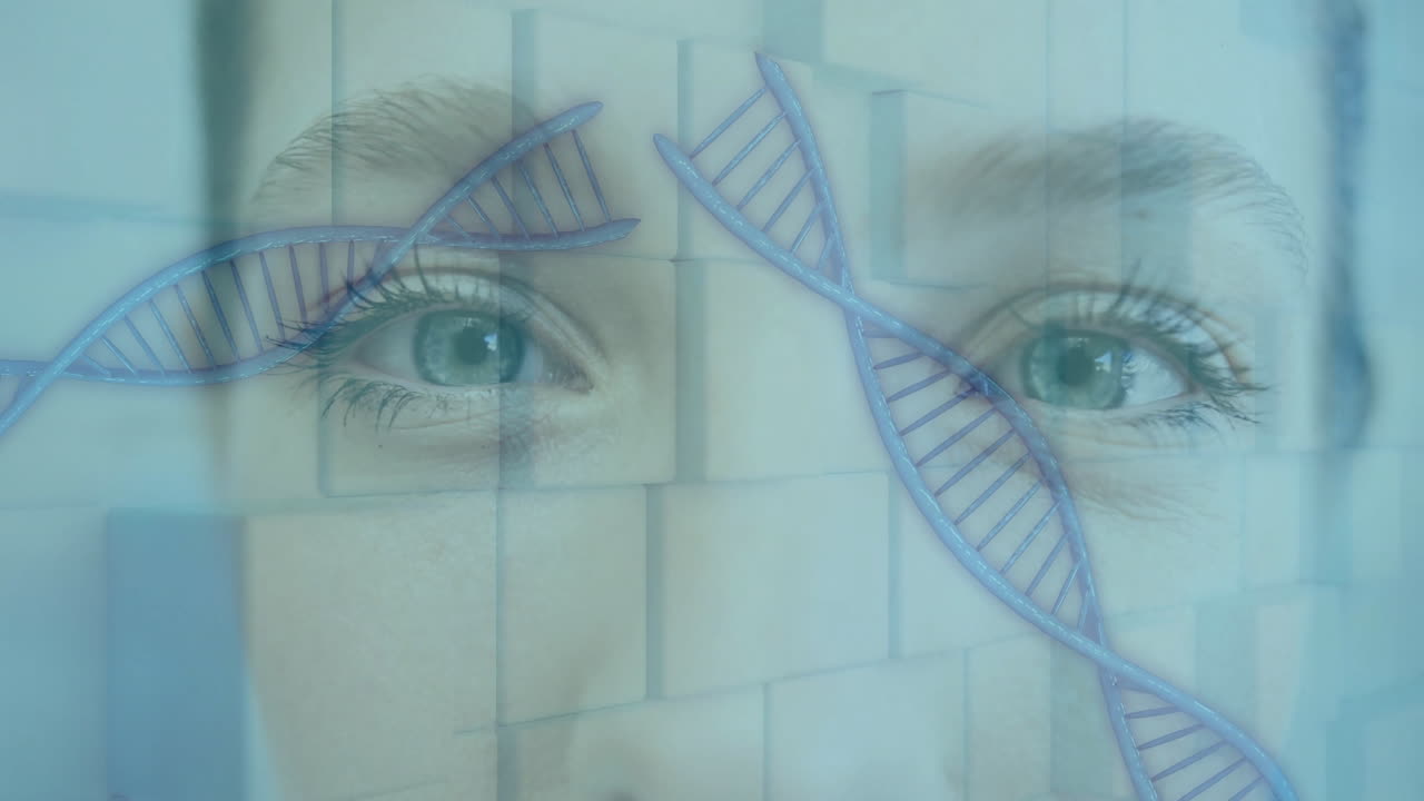 DNA strands animation over close-up of human eyes and geometric shapes