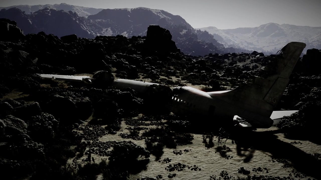 Abandoned fighter jet silhouetted against dusk mountain horizon